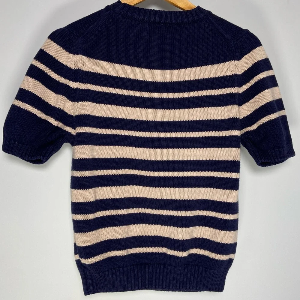 Lands End Vintage Short Sleeve Sweater Cream Navy Nautical Coastal Grandma Knit - Picture 5 of 9